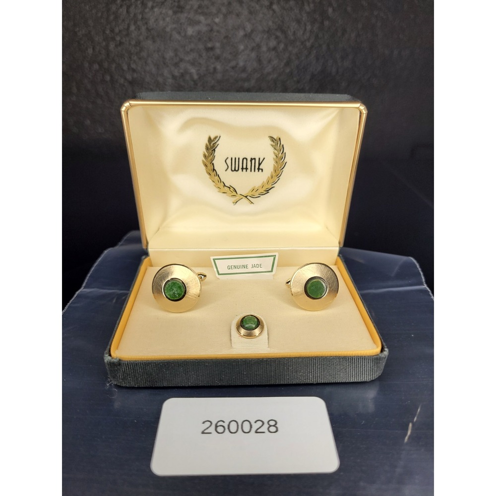 Swank Cufflink Tie Tack Set Gold Tone Green Genuine Jade Circular Excellent
